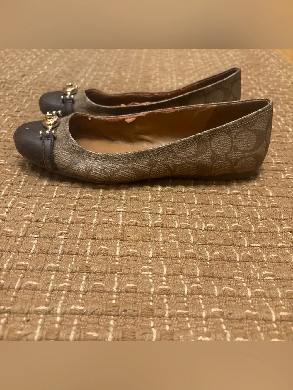 Coach Brown Logo Ballet Flats with Black Cap Toe and Gold Accent